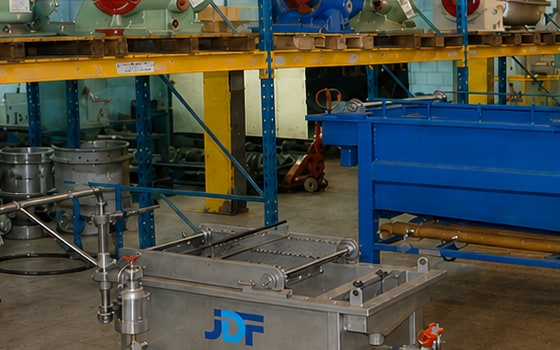 Flotador em inox com a marca JDF e flotador azul no galpão da oficina
